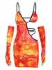 Evening Gloves Tie Dye String Cutout Bodycon Dress M Orange