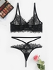 Eyelash Lace Bowknot T Back Bra Set M Black
