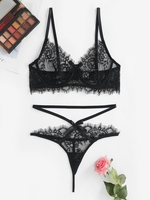 Eyelash Lace Bowknot T Back Bra Set M Black