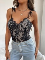 Eyelash Lace Overlay Bowknot Cami Bodysuit S Black