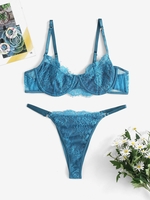 Eyelash Lace Underwire Tanga Lingerie Set L Blue