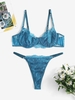 Eyelash Lace Underwire Tanga Lingerie Set M Blue
