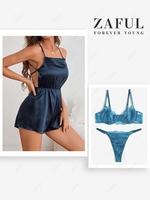 Eyelash Lace Underwire Tanga Lingerie Set with Criss Cross Backless Pajama Romper Blue