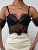 Eyelash Sheer Lace Mesh Cold Shoulder Top M Black