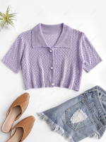 Eyelet Pearly Button Up Knitted Top Purple mimosa