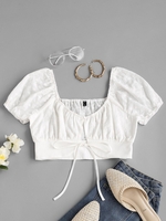 Eyelet Tie Front Cropped Milkmaid Blouse L White