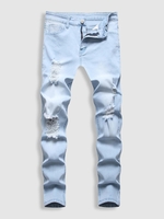 Faded Ribbed Casual Pockets Zipper Jeans 36 Light blue