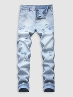 Faded Ripped Pockets Zipper Denim Jeans 38 Light blue