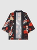 Fan and Crane Print Short Sleeve Kimono Xl Black