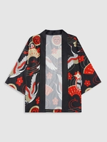 Fan and Crane Print Short Sleeve Kimono Xl Black