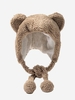 Faux Fur Bear Ear Beanie Hat with Pompom Chin Strap