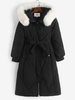 Faux Fur Collar Hooded Belted Longline High Quality 100% White Duck Puffer Down Jacket S Black