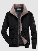 Faux Fur Collar Padded Corduroy Jacket L Black