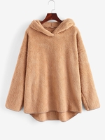Faux Fur Drop Shoulder Plush Tunic Hoodie M Coffee