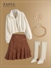 Faux Fur Fuzzy Coat and Faux Suede Belted Flounce Skirt Set Deep coffee