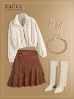 Faux Fur Fuzzy Coat and Faux Suede Belted Flounce Skirt Set Deep coffee
