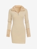 Faux Fur Panel Ribbed Zip Front Slinky Dress M Light coffee