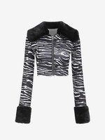 Faux Fur Panel Zebra Zip Up Jacket M Black