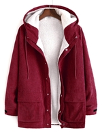 Faux Fur Raglan Sleeve Hooded Fluffy Corduroy Jacket 2xl Red wine