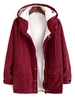 Faux Fur Raglan Sleeve Hooded Fluffy Corduroy Jacket L Red wine