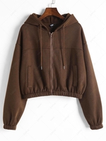 Faux Pockets Full Zip Drawstring Hoodie S Deep coffee