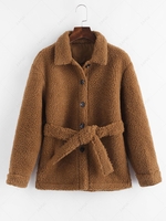 Faux Shearling Belted Pocket Teddy Jacket S Coffee