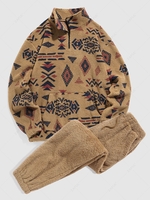 Faux Sherpa Ethnic Print Quarter Zip Teddy Sweatshirt and Beam Feet Pants Set Outfit Coffee