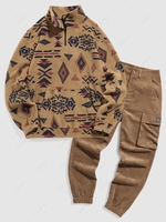 Faux Sherpa Ethnic Print Quarter Zip Teddy Sweatshirt and Cargo Corduroy Pants Set Coffee