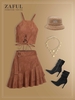 Faux Suede Criss Cross Midriff Flossing Camisole and Belted Flounce Skirt Set Deep coffee