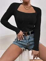Faux Two Pieces Solid Color Knit Top M Black