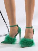 Feather Ankle Strap Stiletto Heel Pumps