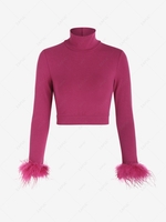Feather Cuff Mock Neck Crop T Shirt S Red