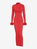 Feather Cuffs Backless Topstitching Maxi Bodycon Dress S Red