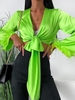 Feather Cuffs Tie Front Slit Crop Blouse M Green