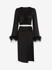 Feather Embellished Flare Sleeve Knotted Slit Midi Skirt Set M Black