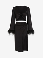 Feather Embellished Flare Sleeve Knotted Slit Midi Skirt Set M Black