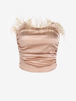 Feather Embellished Ruched Satin Bandeau Crop Top M Light coffee
