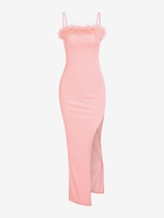 Feather Embellished Thigh Split Maxi Party Dress M Light pink