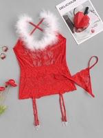 Feather Trim Lace Gartered Camisole Set L Red