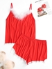 Feather Trim Lace Insert Cami Pajama Shorts Set Xl Red