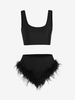 Feather Trim One Shoulder Two Piece Set L Black
