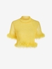 Feather Trim Sheer Mesh Mock Neck Top M Yellow