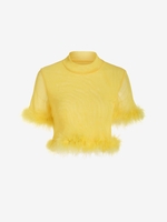 Feather Trim Sheer Mesh Mock Neck Top M Yellow