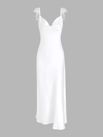 Feather Trim Silky Cowl Front Slip Maxi Dress M White