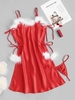 Feather Trim Silky Tie Side Boob Babydoll Set L Red