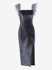 Feather Velvet Slit Midi Dress L Gray