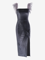 Feather Velvet Slit Midi Dress L Gray