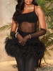 Feathers Trim Sheer Mesh Bustier Cami Dress M Black