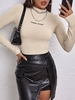 FEELINGS Embroidered Ribbed Mock Neck Tee L Light coffee