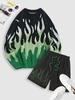 Fire Flame Graphic Y2K Aesthetic Sweater and Drawstring Waist Casual Shorts Set Green